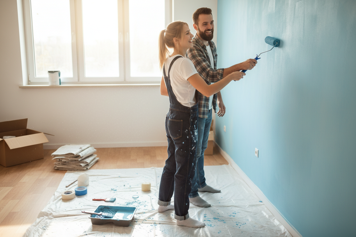 a couple painting a wall with roller together happily